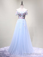 Off the Shoulder Light Blue Floral Long Prom Dresses, Off Shoulder Light Blue Formal Prom Dresses