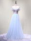 Off the Shoulder Light Blue Floral Long Prom Dresses, Off Shoulder Light Blue Formal Evening Dresses