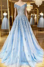 Off the Shoulder Light Blue Lace Prom Dresses, Off the Shoulder Blue Lace Formal Evening Dresses