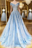 Off the Shoulder Light Blue Lace Prom Dresses, Off the Shoulder Blue Lace Formal Evening Dresses