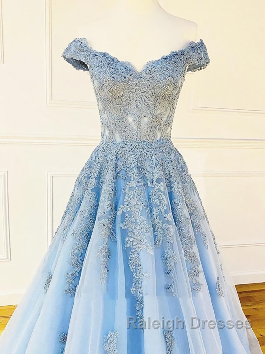 Off the Shoulder Light Blue Lace Prom Dresses, Off the Shoulder Blue Lace Formal Evening Dresses Secondary image