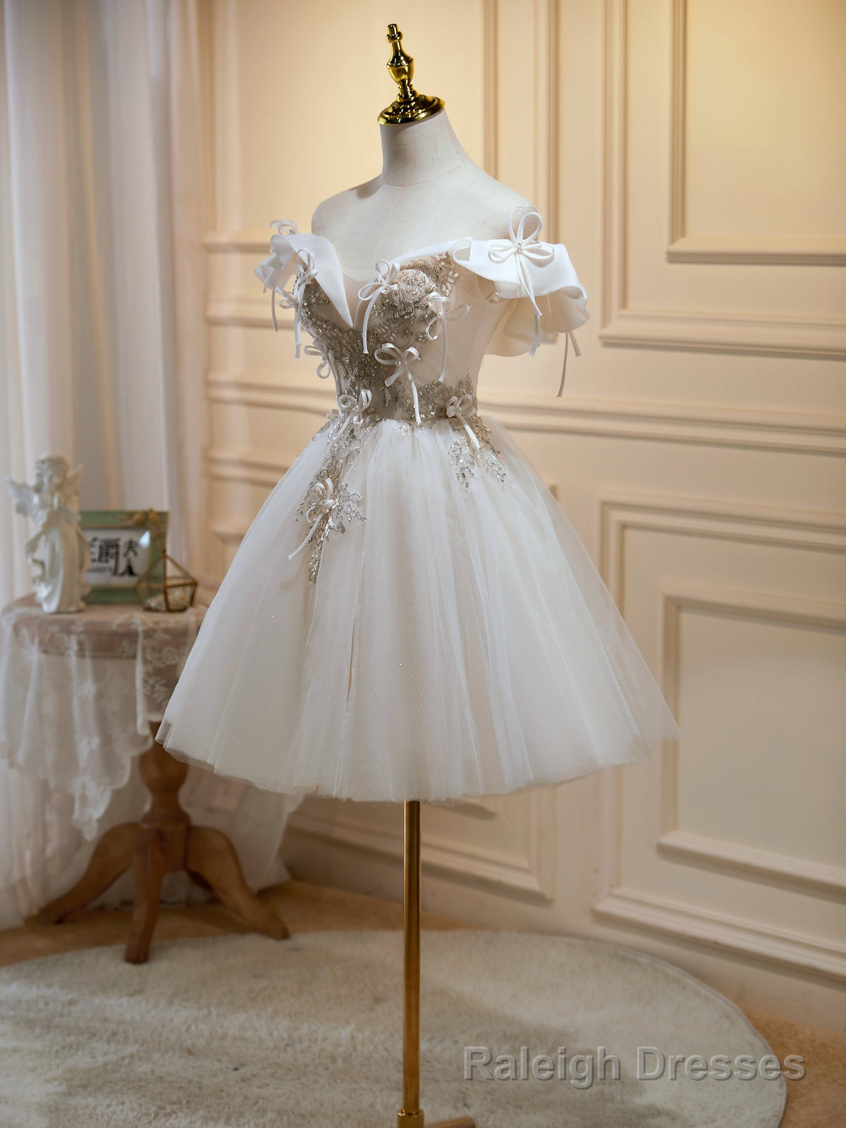 Off the Shoulder Light Champagne Floral Prom Dresses, Short Champagne Formal Homecoming Dresses Main image