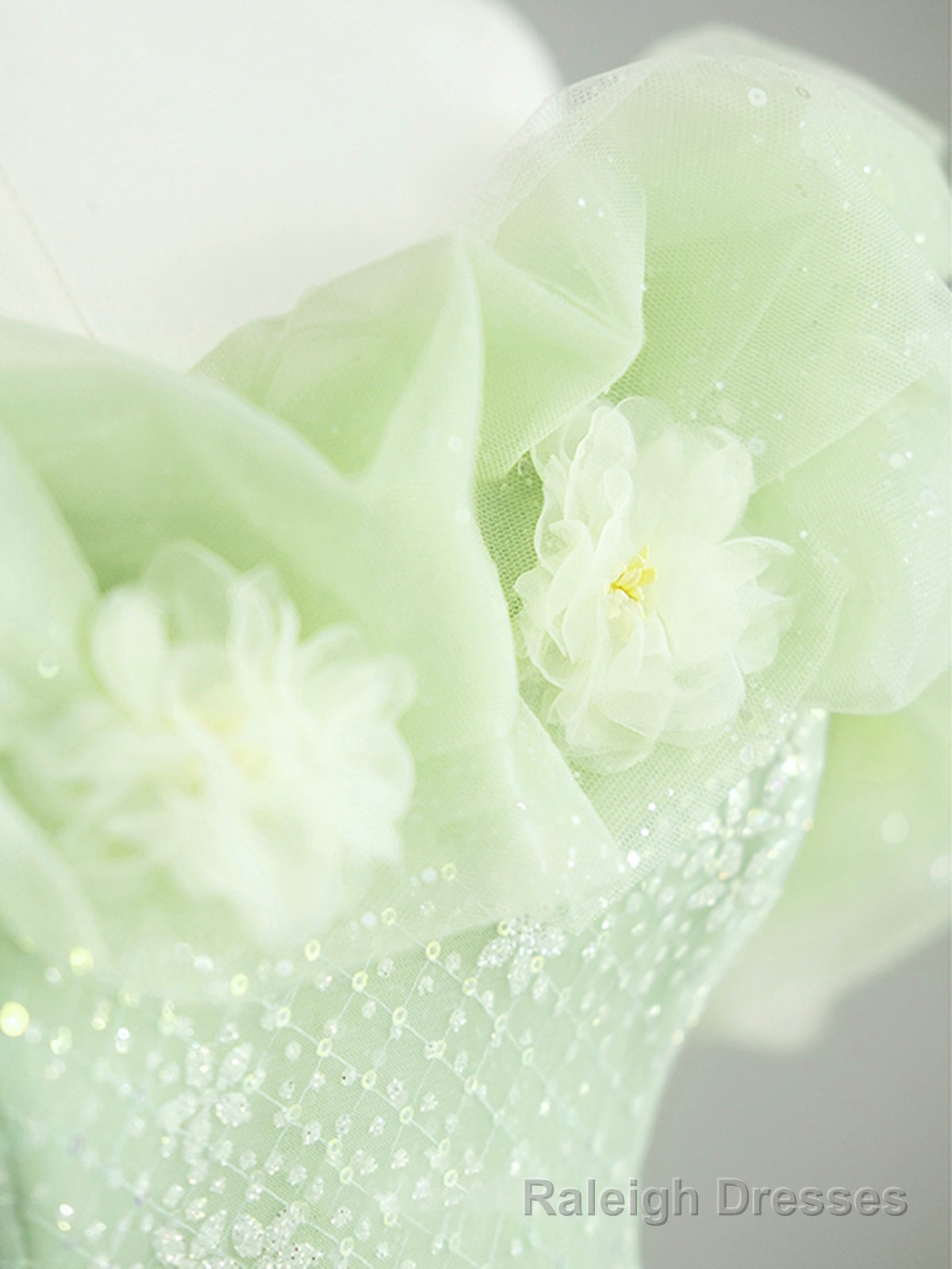 Off the Shoulder Light Green Floral Prom Dresses, Green Floral Formal Graduation Dress