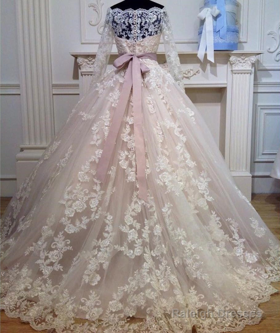 Off The Shoulder Long Sleeves Ball Gown Wedding Lace Dresses With Bow Sashes Secondary image