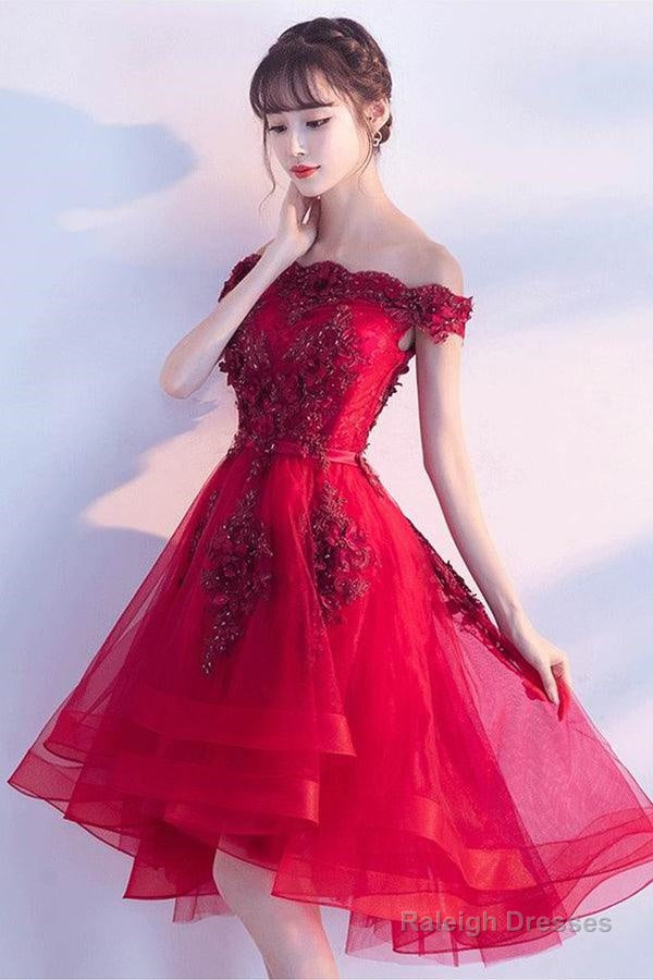 Off The Shoulder Luxury Appliques High Low Red Homcoming Dress Secondary image