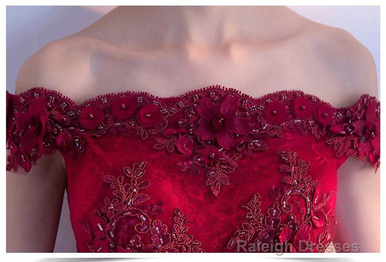 Off The Shoulder Luxury Appliques High Low Red Homcoming Dresses