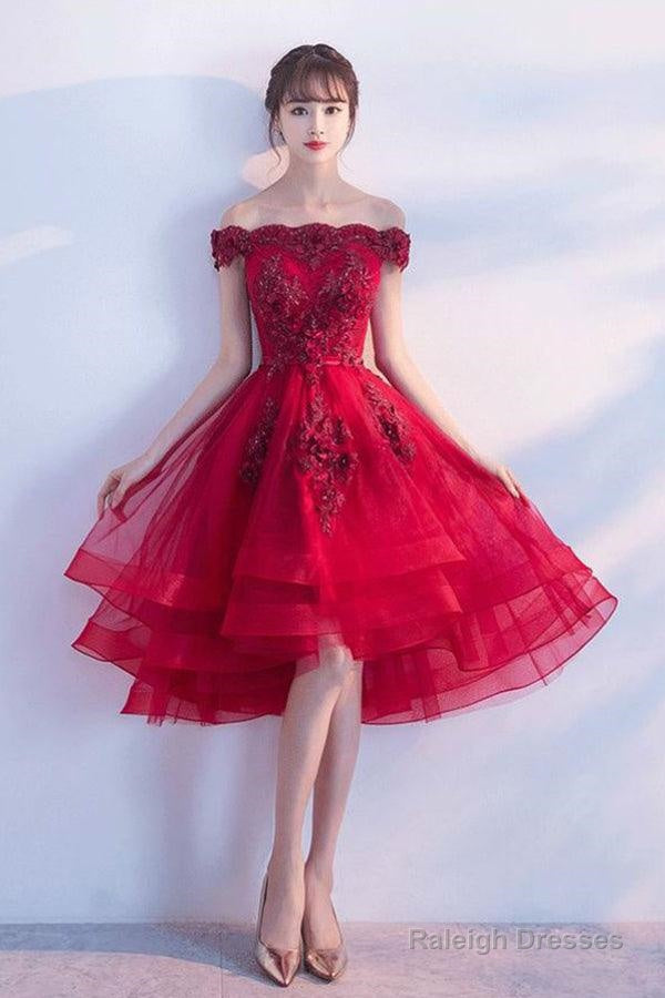 Off The Shoulder Luxury Appliques High Low Red Homcoming Dress Main image