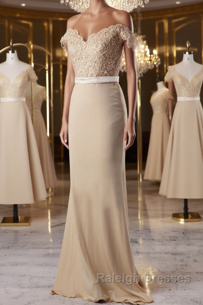 Off the Shoulder Mermaid Champagne Lace Long Prom Dress, Off Shoulder Mermaid Champagne Formal Graduation Evening Dress, Mermaid Champagne Lace Bridesmaid Dress Main image