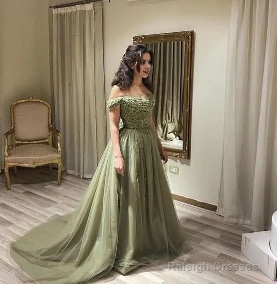 Off the Shoulder Mint Green Prom Dress Beaded Long Prom Dresses, Off Shoulder Green Long Formal Prom Dresses