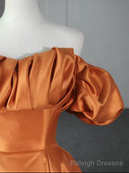 Off the Shoulder Orange Satin Long Prom Dresses, Orange Long Satin Formal Prom Dresses