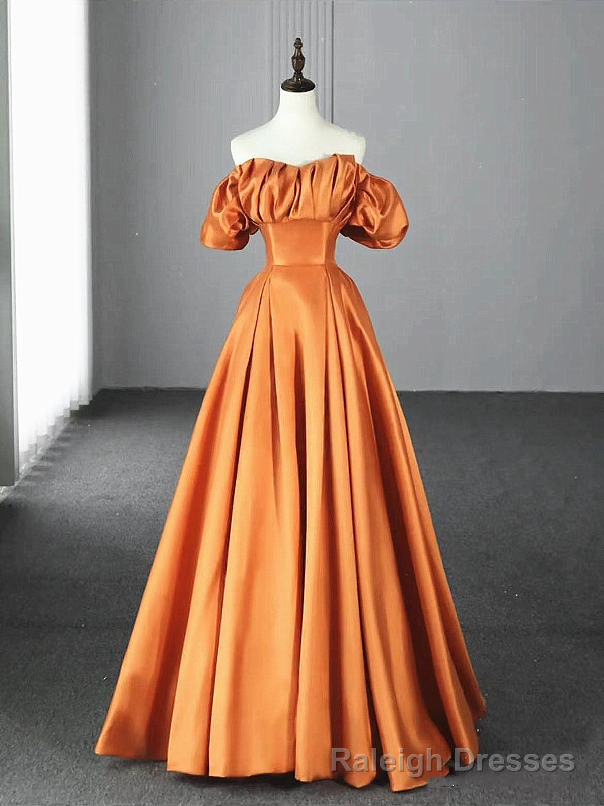 Off the Shoulder Orange Satin Long Prom Dresses, Orange Long Satin Formal Evening Dresses Main image