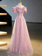 Off The Shoulder Pink Sequin Sparkle Prom Dress