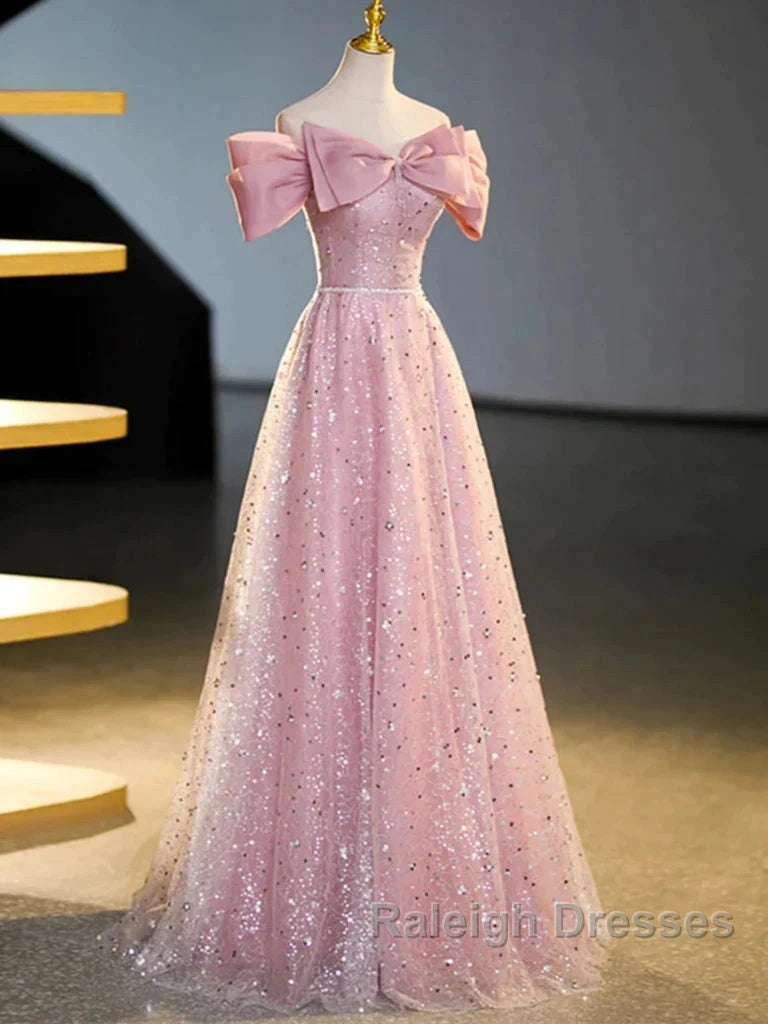 Off The Shoulder Pink Sequin Sparkle Prom Dresses