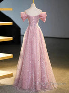 Off The Shoulder Pink Sequin Sparkle Prom Dress