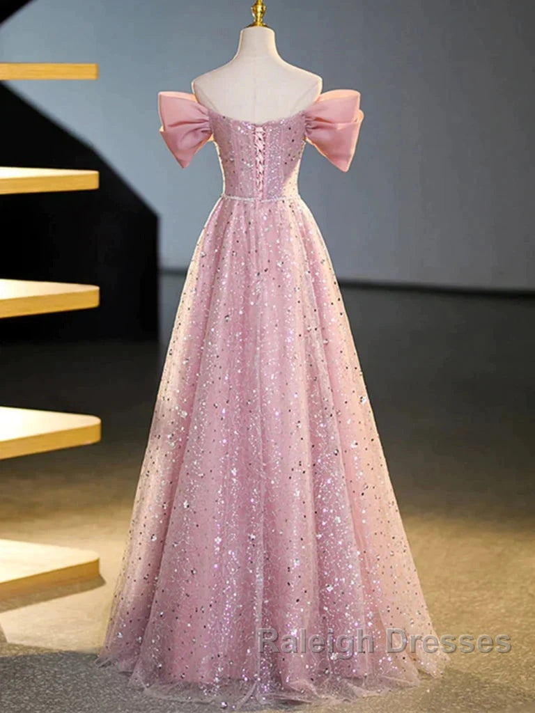 Off The Shoulder Pink Sequin Sparkle Prom Dress