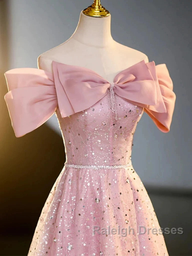 Off The Shoulder Pink Sequin Sparkle Prom Dress