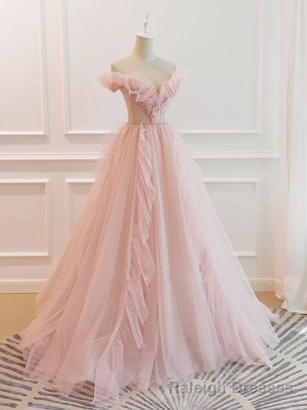 Off the Shoulder Pink Tulle Beaded Long Prom Dresses, Pink Tulle Long Formal Dress Main image