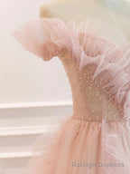 Off the Shoulder Pink Tulle Beaded Long Prom Dresses, Pink Tulle Long Formal Dress