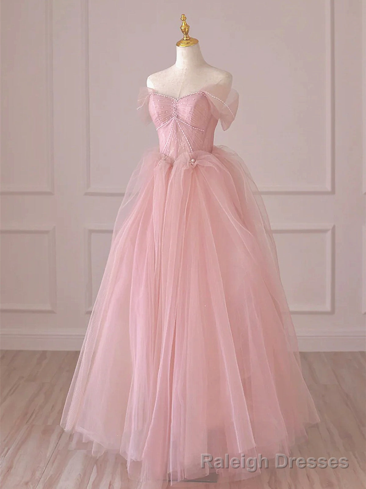 Off the Shoulder Pink Tulle Long Prom Dresses, Pink Tulle Long Formal Evening Dresses Main image