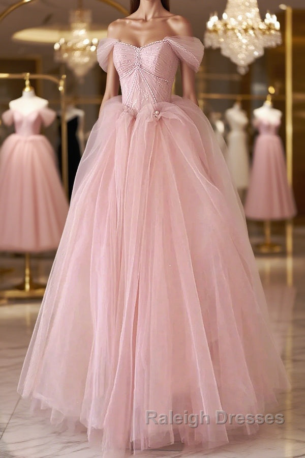 Off the Shoulder Pink Tulle Prom Dresses, Pink Tulle Long Formal Graduation Dresses Main image