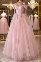 Off the Shoulder Pink Tulle Prom Dresses, Pink Tulle Long Formal Graduation Dresses