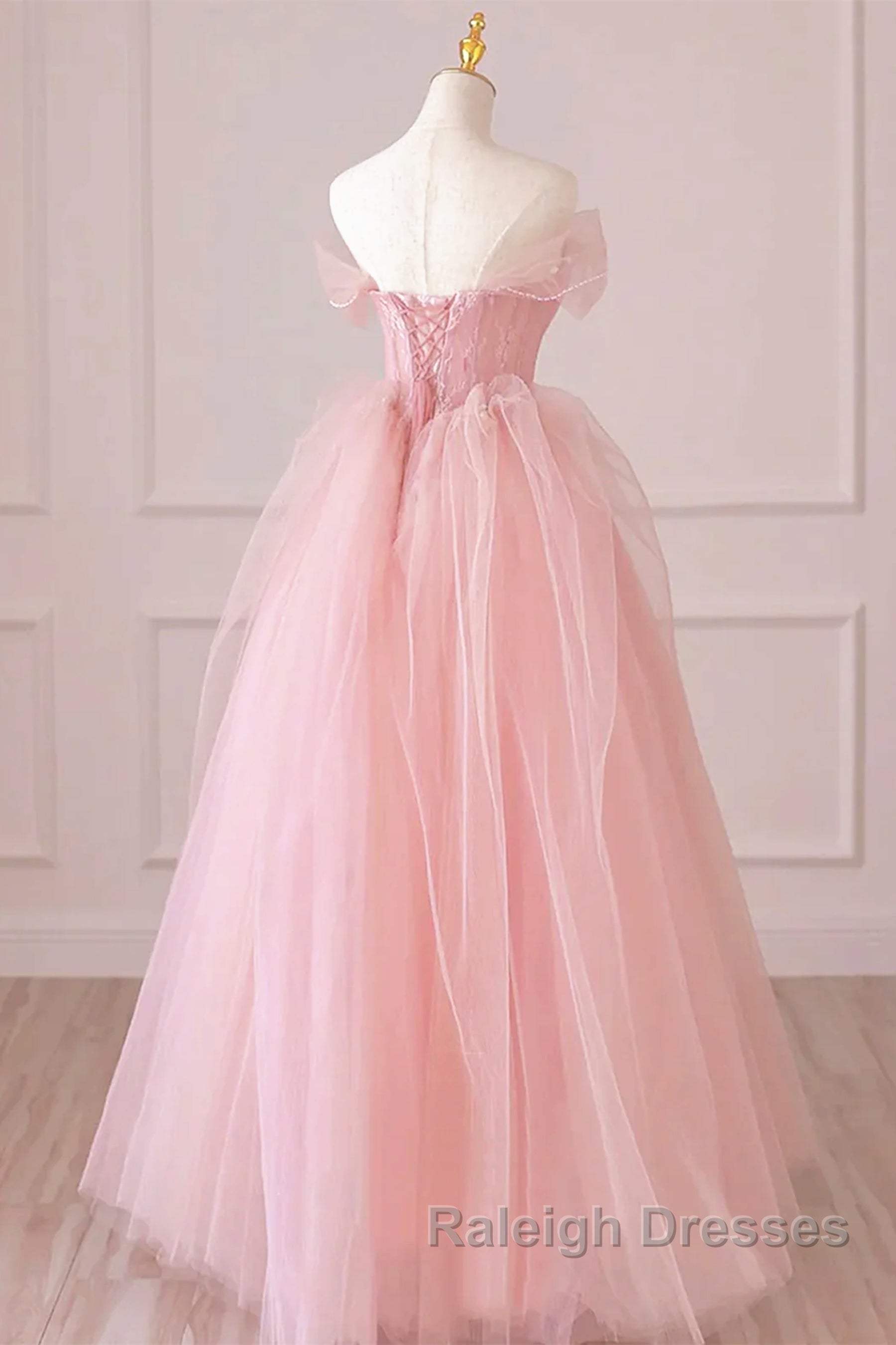 Off the Shoulder Pink Tulle Prom Dresses, Pink Tulle Long Formal Graduation Dresses Secondary image