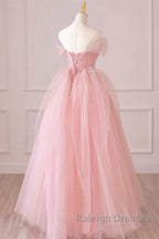 Off the Shoulder Pink Tulle Prom Dress Pink Tulle Long Prom Graduation Dress