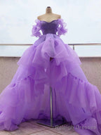 Off the Shoulder Purple High Low Prom Dresses, High Low Purple Formal Graduation Dresses