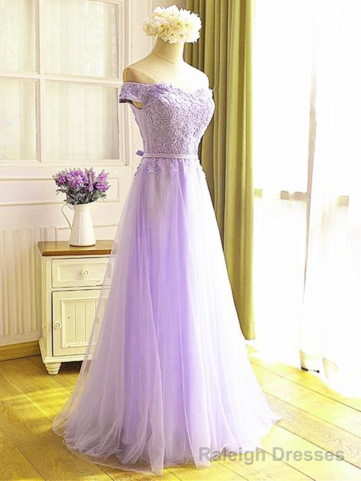 Off the Shoulder Purple Lace Prom Dresses, Purple Off Shoulder Lace Formal Bridesmaid Dresses Secondary image