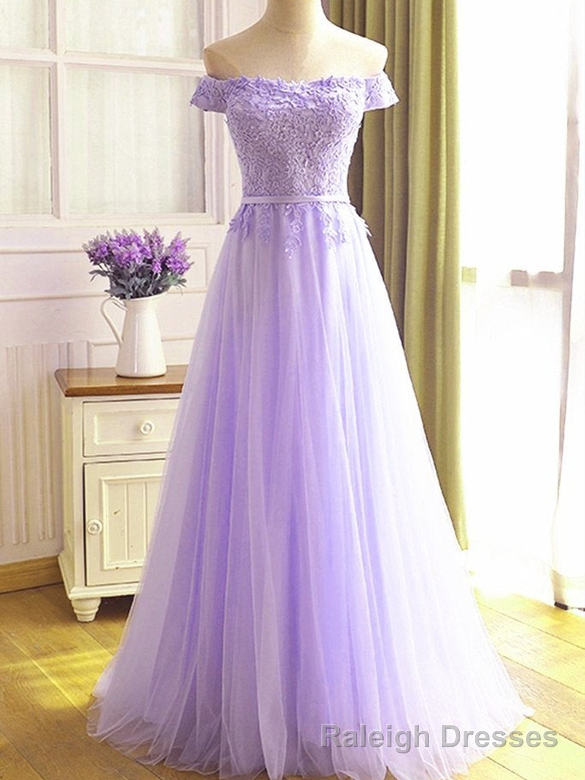 Off the Shoulder Purple Lace Prom Dresses, Purple Off Shoulder Lace Formal Bridesmaid Dresses Main image