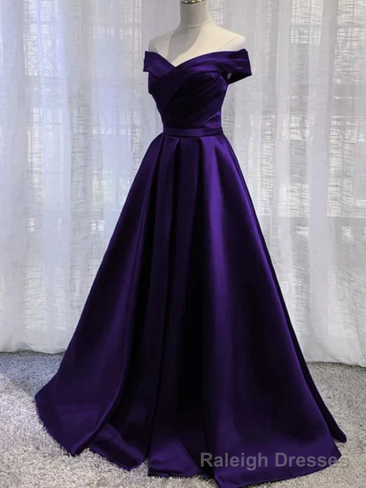 Off the Shoulder Purple Satin Long Prom Dresses, Off Shoulder Long Purple Formal Graduation Dresses Main image