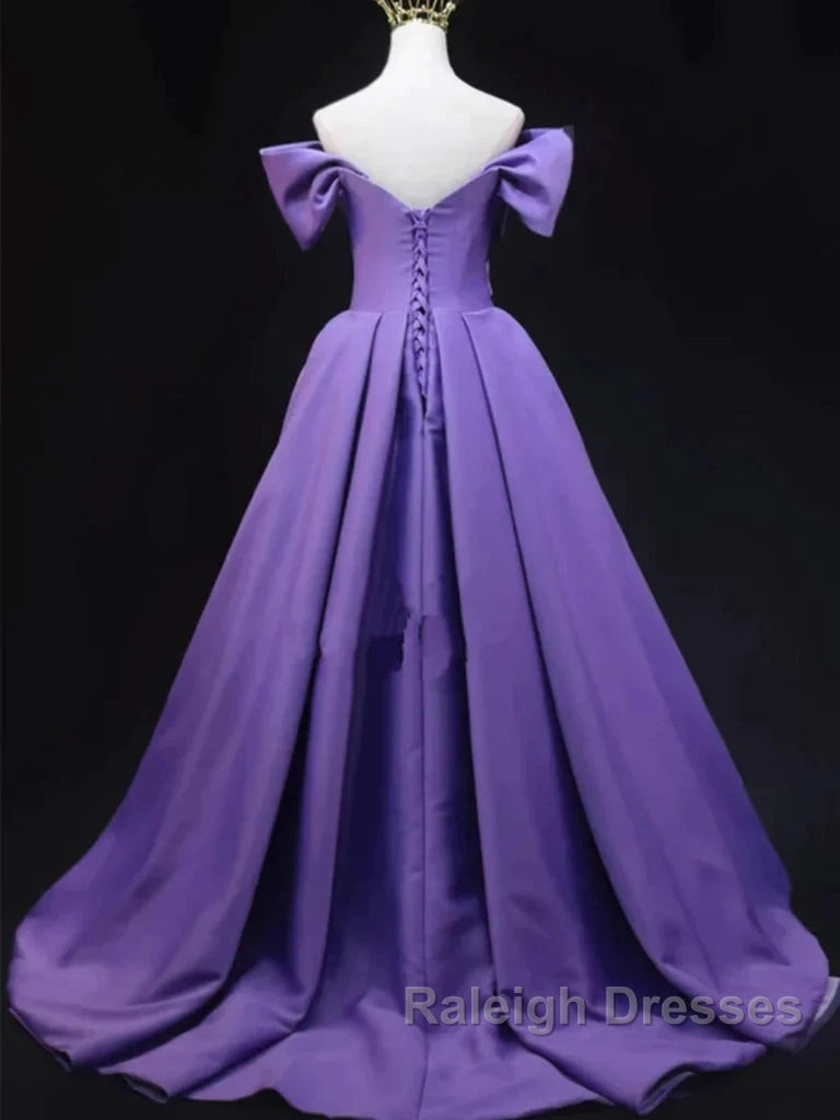 Off The Shoulder Purple Satin Ruched Prom Dresses