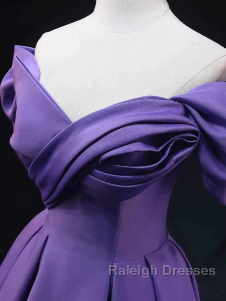 Off The Shoulder Purple Satin Ruched Prom Dresses