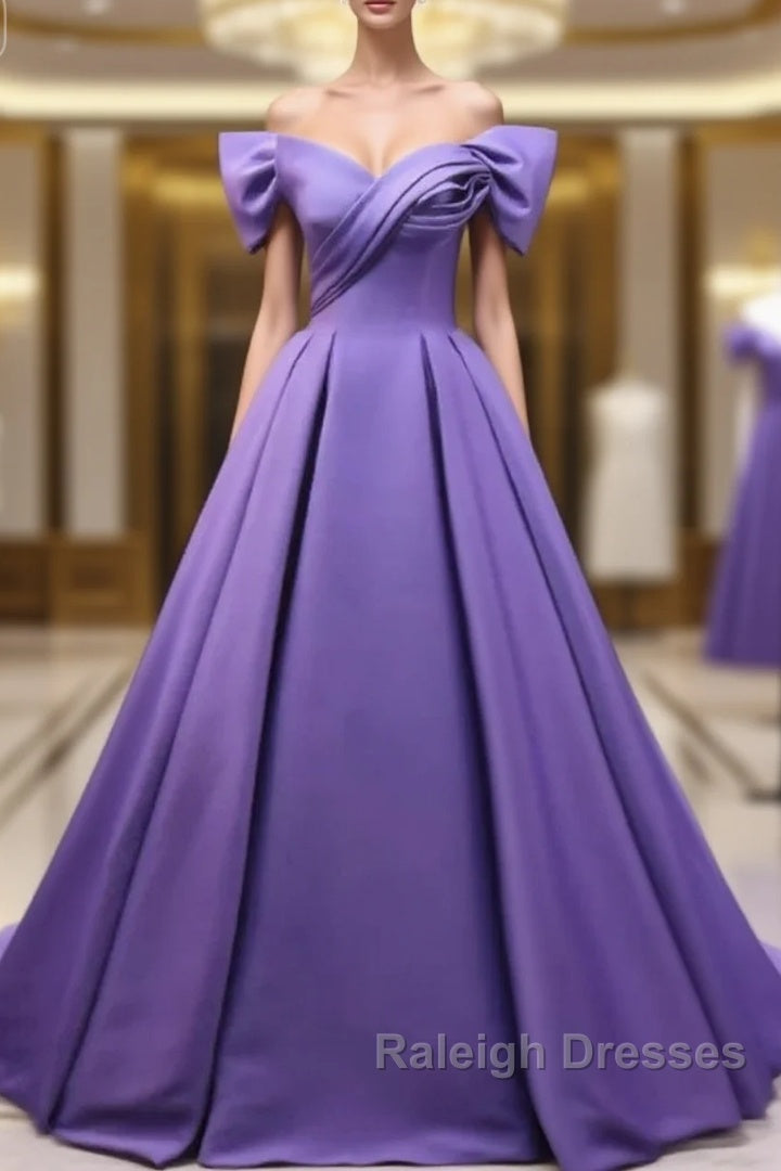 Off The Shoulder Purple Satin Ruched Prom Dresses