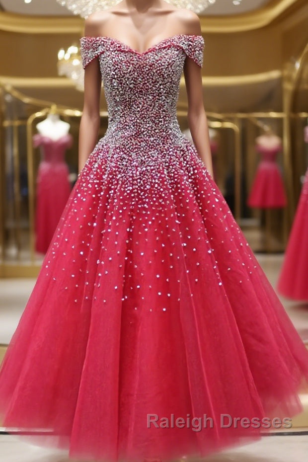 Off the Shoulder Red Long Prom Gown, Off the Shoulder Red Beaded Formal Evening Dresses Main image