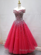 Off the Shoulder Red Long Prom Gown Off the Shoulder Red Beaded Prom Dress