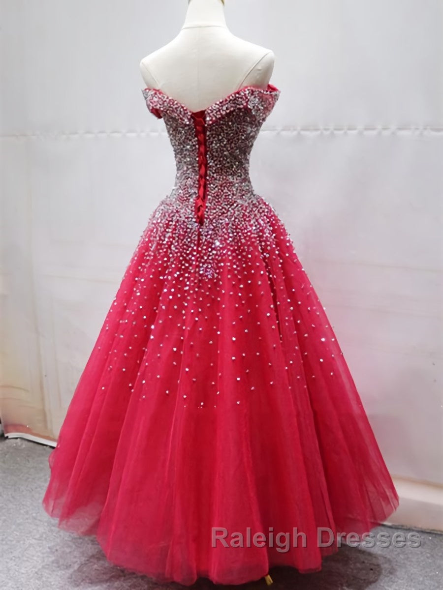 Off the Shoulder Red Long Prom Gown Off the Shoulder Red Beaded Prom Dress
