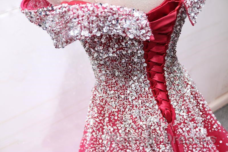 Off the Shoulder Red Long Prom Gown Off the Shoulder Red Beaded Prom Dress
