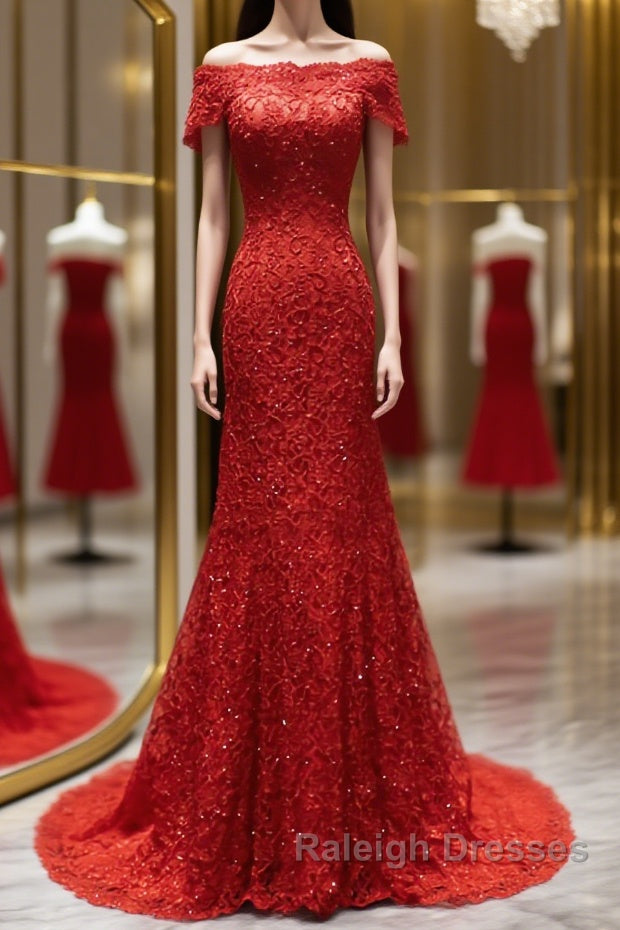 Off the Shoulder Red Mermaid Lace Prom Dresses, Red Mermaid Lace Formal Bridesmaid Dresses
