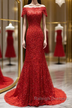 Off the Shoulder Red Mermaid Lace Prom Dress Red Mermaid Lace Prom Bridesmaid Dress
