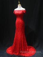 Off the Shoulder Red Mermaid Lace Prom Dress Red Mermaid Lace Prom Bridesmaid Dress
