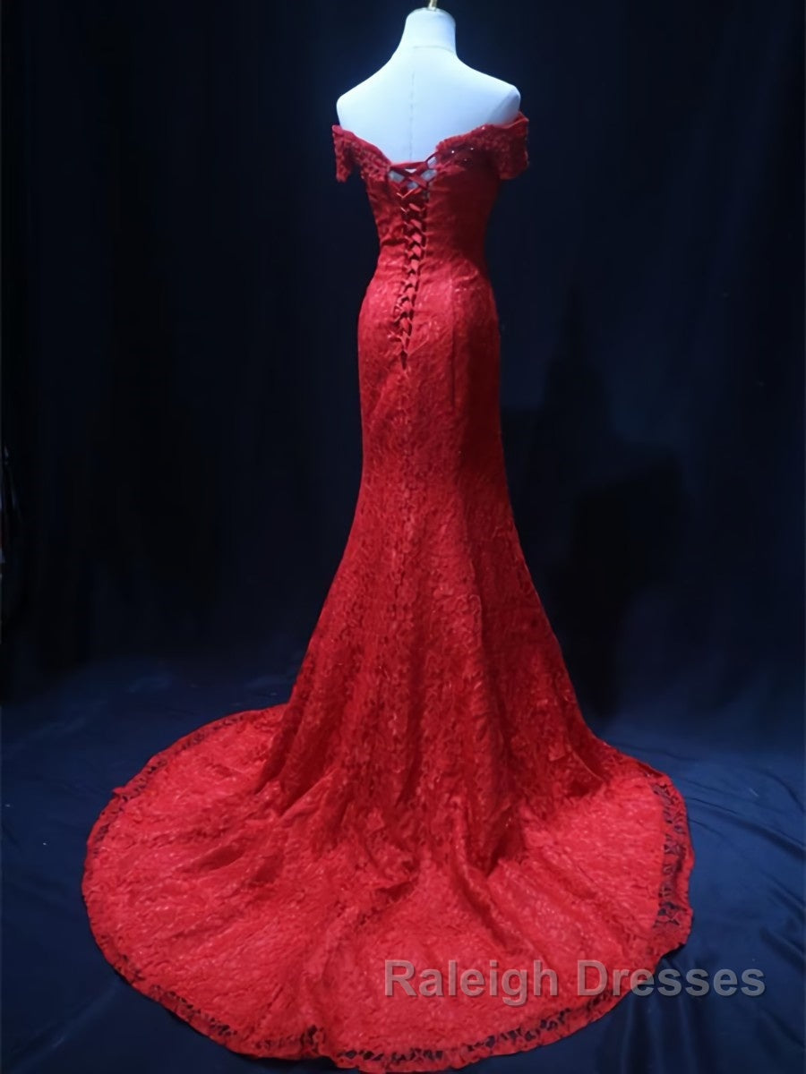 Off the Shoulder Red Mermaid Lace Prom Dress Red Mermaid Lace Prom Bridesmaid Dress