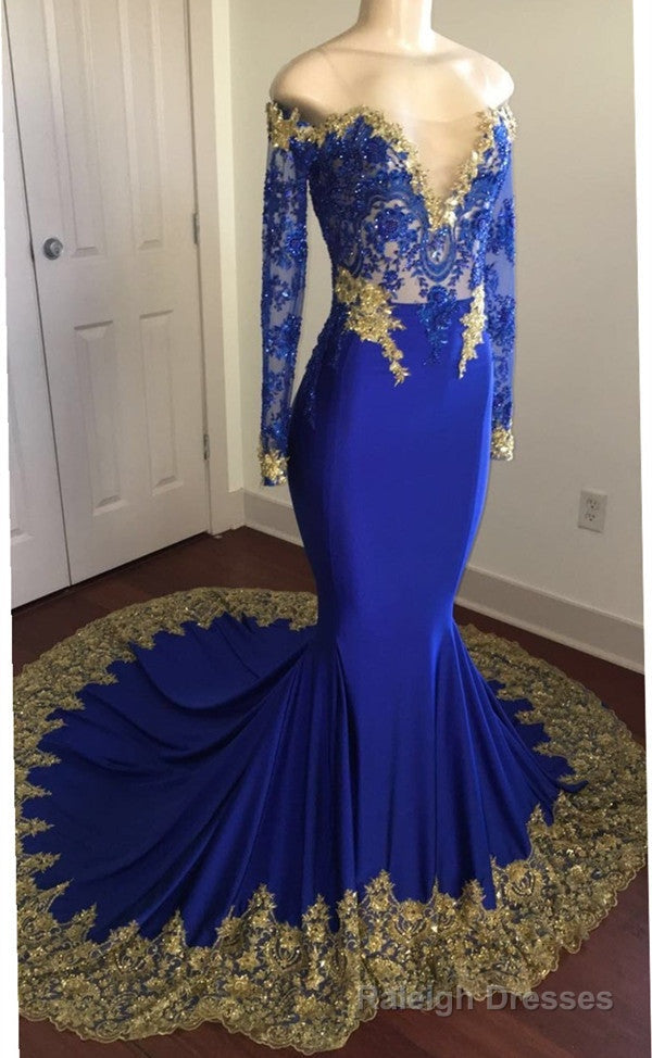 Off-the-Shoulder Royal Blue Prom Dresses Gold Lace Appliques Chic Prom Dress with Sleeve Secondary image