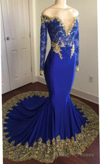 Off-the-Shoulder Royal Blue Prom Dresses Gold Lace Appliques Chic Prom Dress with Sleeve