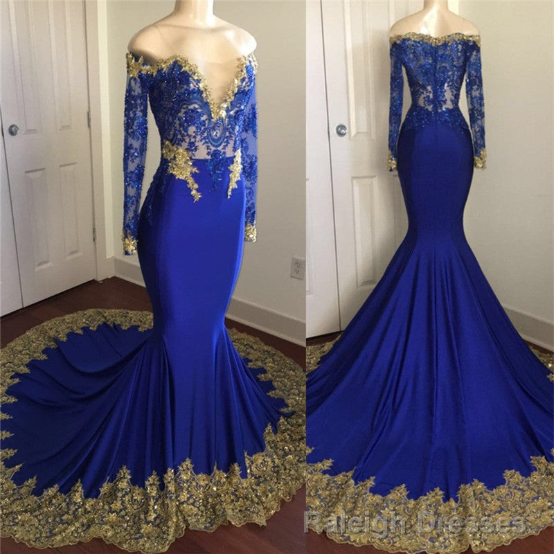 Off-the-Shoulder Royal Blue Prom Dresses Gold Lace Appliques Chic Prom Dress with Sleeve