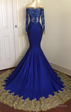 Off-the-Shoulder Royal Blue Prom Dresses Gold Lace Appliques Chic Evening Dress with Sleeve