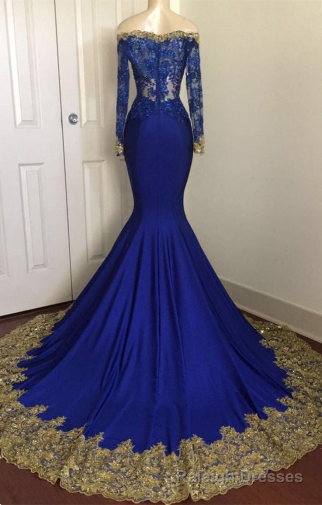 Off-the-Shoulder Royal Blue Prom Dresses Gold Lace Appliques Chic Prom Dress with Sleeve