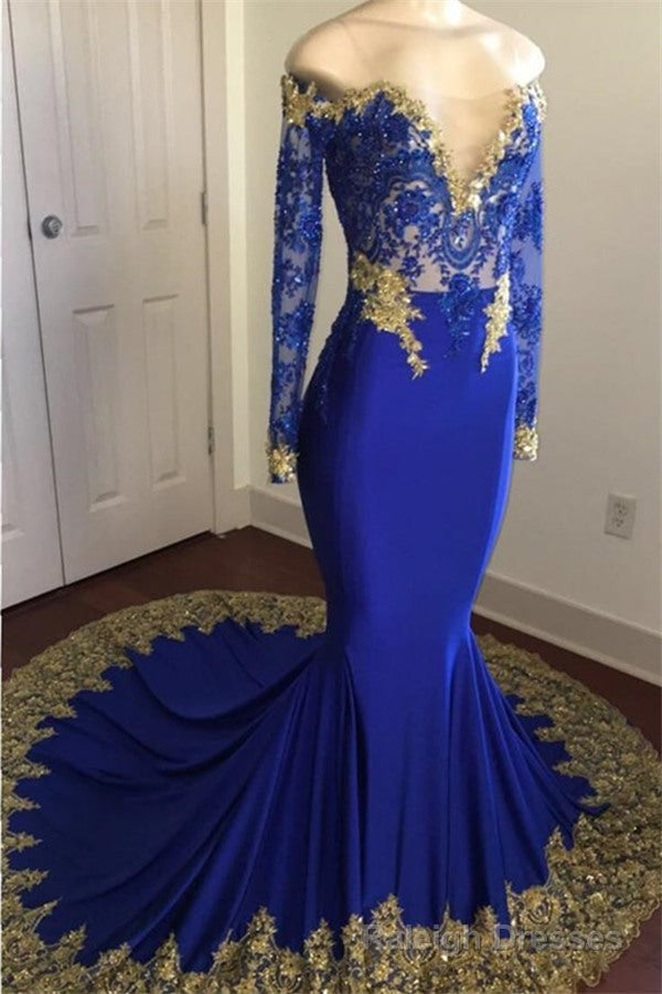 Off-the-Shoulder Royal Blue Prom Dresses Gold Lace Appliques Chic Prom Dress with Sleeve