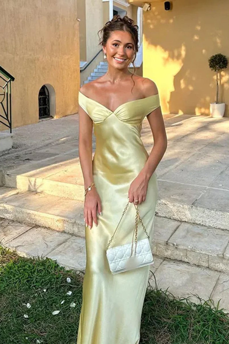 Off The Shoulder Sheath Maxi Dress Satin Long Prom Dress With Open Back