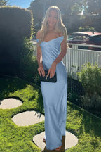 Off The Shoulder Sheath Maxi Dress Satin Long Prom Dress With Open Back